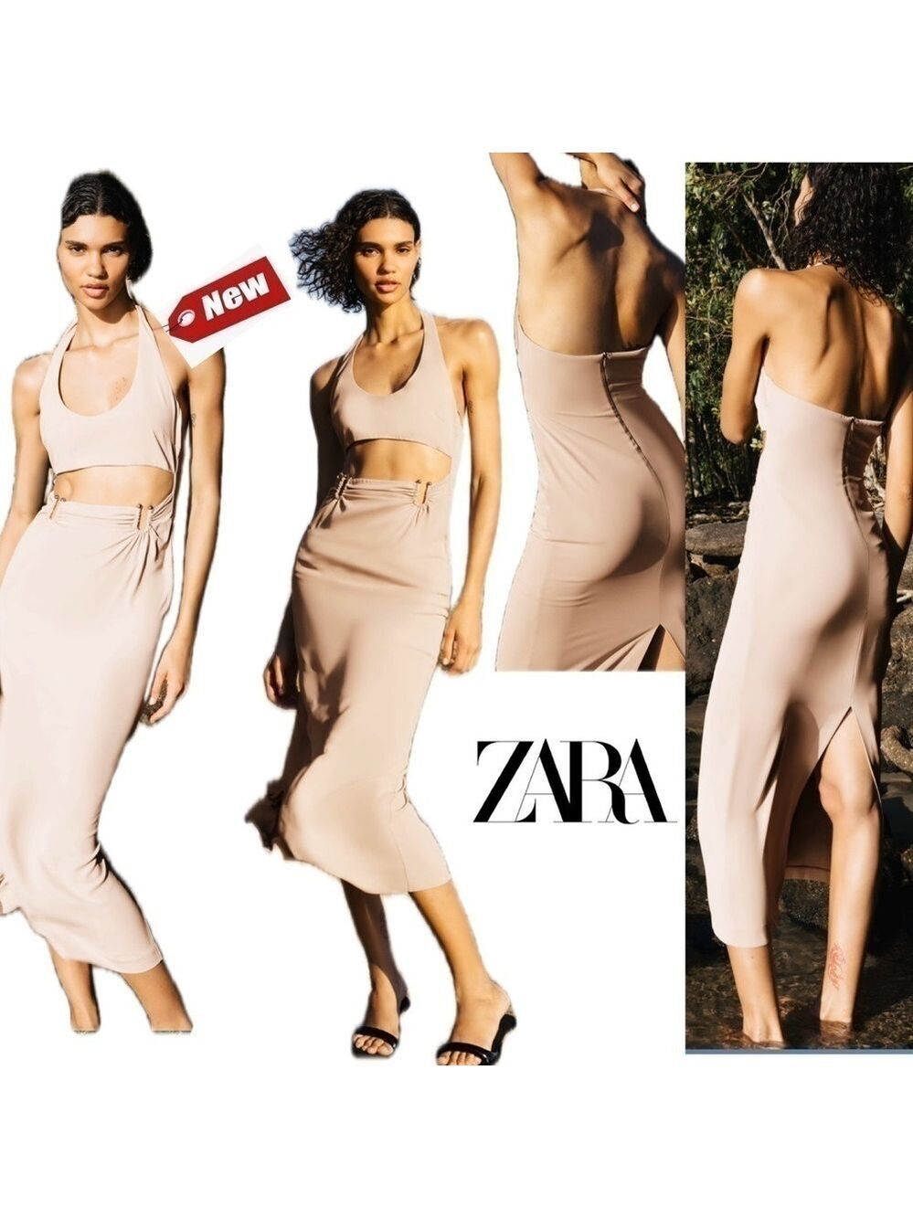 Zara beige knit halter cutout midi dress Sz XL NWT